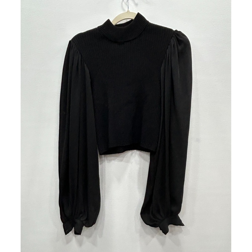 Ronny Kobo Ribbed Crop Top Womens XS Black Mock Neck Puff Sleeve Knit RN155185